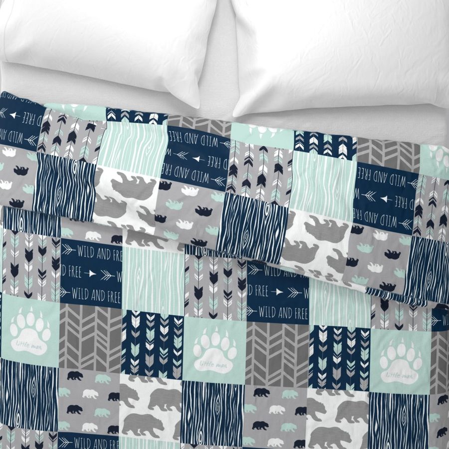 Little Man Patchwork Bear - mint, navy, and grey