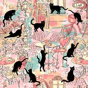 Black Cats in Paris Cafe Pink Green Large Scale