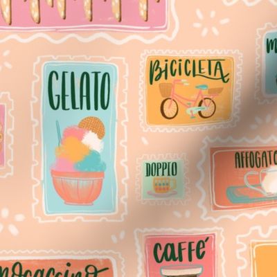 Large Pastel Cafe Retro Menu Stamps // © ZirkusDesign Italian Coffee Bar Yumminess // Gelato, Biscotti, Latte, Macchiato, Cappucino, Mocaccino, Doppio, Pizzelle, Romano, Bomboloni, Affgogato, Shakerato, Torta, Caprese // Italy Food and Drink