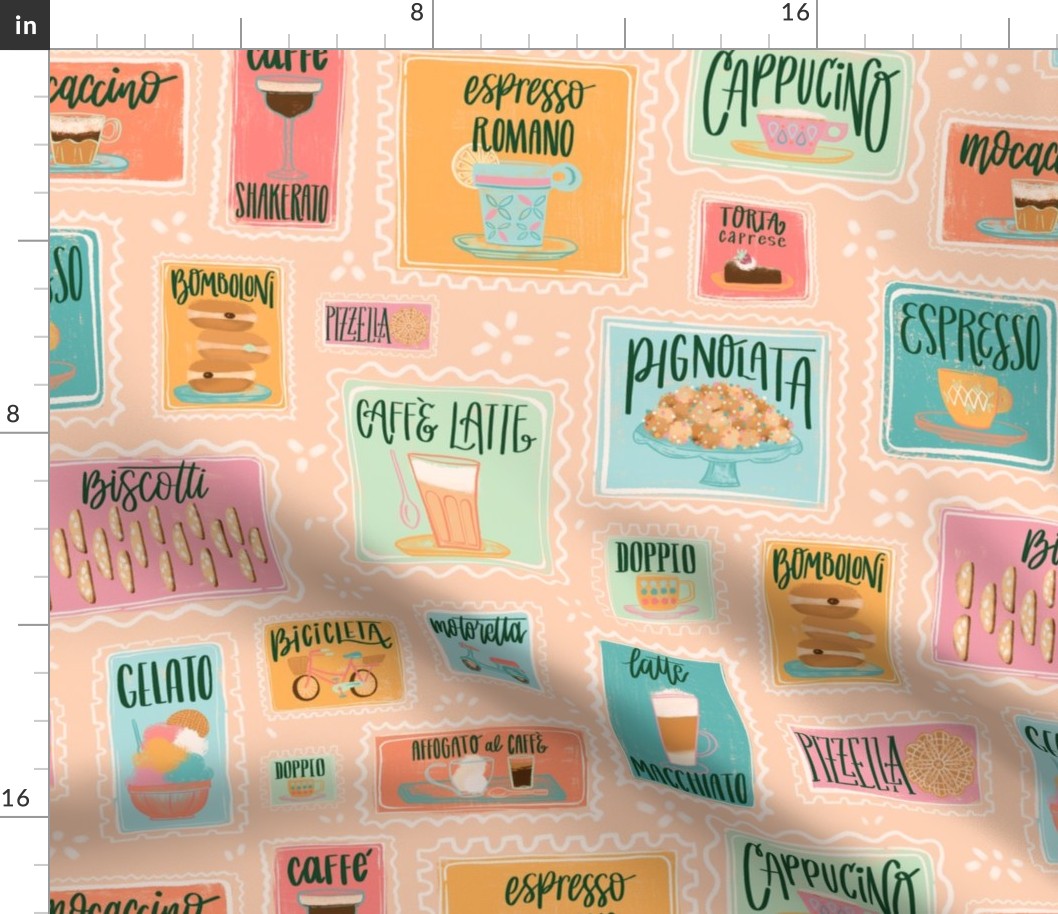 Large Pastel Cafe Retro Menu Stamps // © ZirkusDesign Italian Coffee Bar Yumminess // Gelato, Biscotti, Latte, Macchiato, Cappucino, Mocaccino, Doppio, Pizzelle, Romano, Bomboloni, Affgogato, Shakerato, Torta, Caprese // Italy Food and Drink