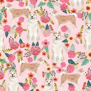 akita florals fabric - dogs and flowers - pink