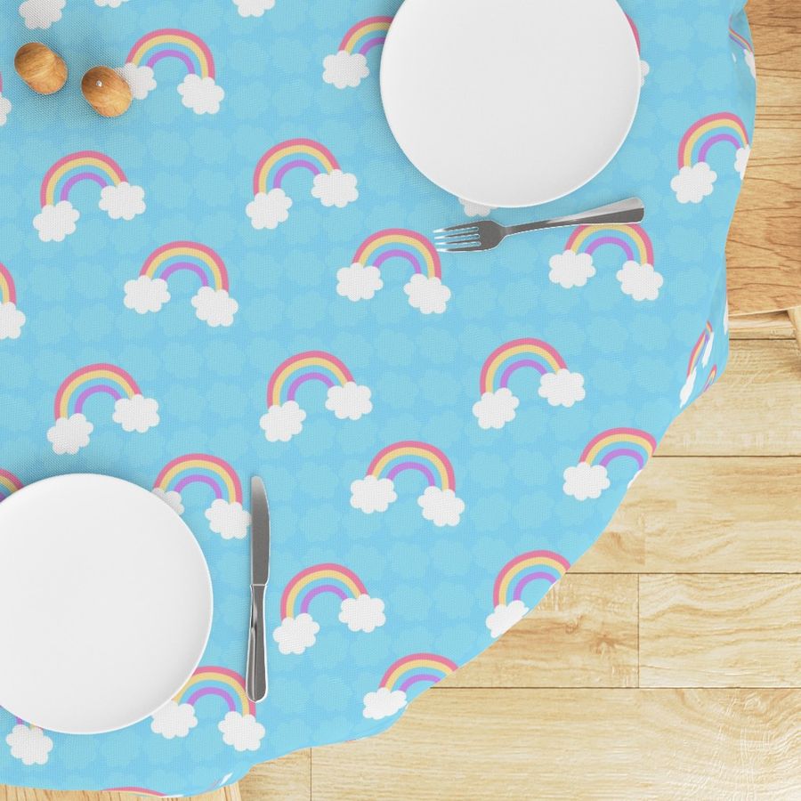 Fun and Bright Cartoon Rainbows with Clouds in a Blue Sky