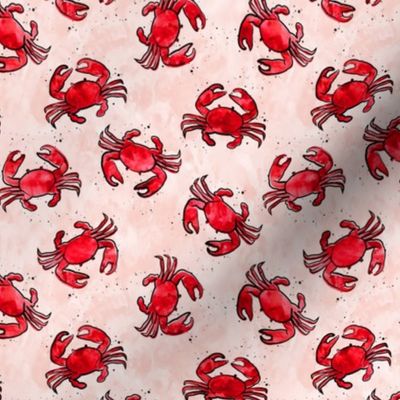 (small scale) crabs - watercolor & ink nautical summer - red on peach  - LAD20