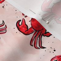 crabs - watercolor & ink nautical summer - red on peach  - LAD20