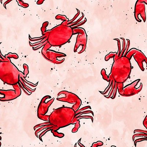 crabs - watercolor & ink nautical summer - red on peach  - LAD20