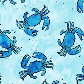 crabs - watercolor & ink nautical summer - blue on blue  - LAD20