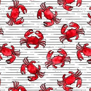 (small scale) crabs - watercolor & ink nautical summer - red on stripes  - LAD20