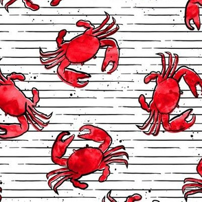 crabs - watercolor & ink nautical summer - red on stripes  - LAD20