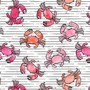 (small scale) crabs - watercolor & ink nautical summer - multi on stripes  - LAD20