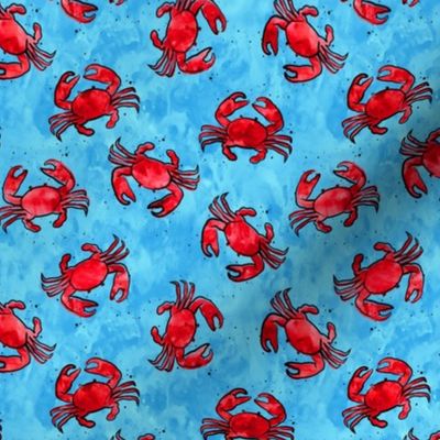 (small scale) crabs - watercolor & ink nautical summer - red on blue - LAD20