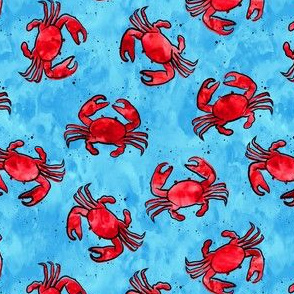 (small scale) crabs - watercolor & ink nautical summer - red on blue - LAD20