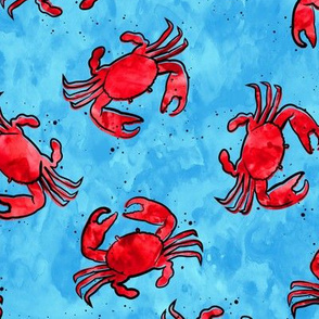 crabs - watercolor & ink nautical summer - red on blue - LAD20