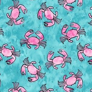 (small scale) crabs - watercolor & ink nautical summer - pink on teal - LAD20