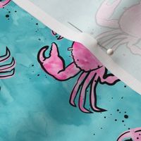 crabs - watercolor & ink nautical summer - pink on teal - LAD20