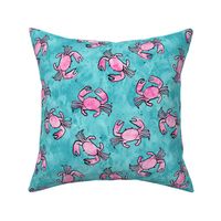 crabs - watercolor & ink nautical summer - pink on teal - LAD20