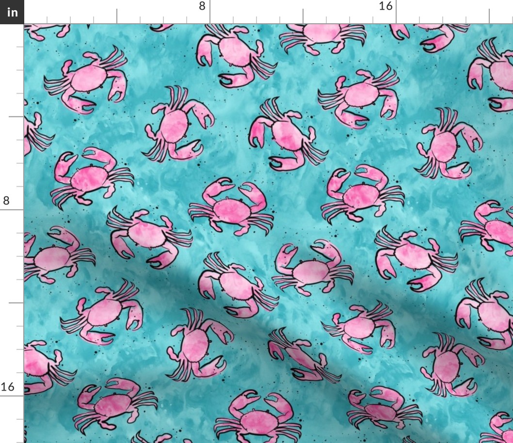 crabs - watercolor & ink nautical summer - pink on teal - LAD20
