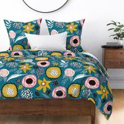 Scandinavian Florals And Leaves Teal and Mustard Yellow