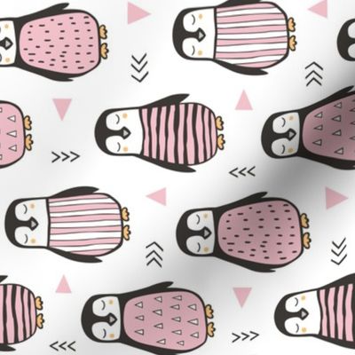 Penguins with Sweater Geometric  and Triangles Pink on White Rotated