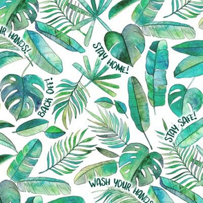 Blue Green Tropical Leaf Scatter on White with typography - custom request for face masks
