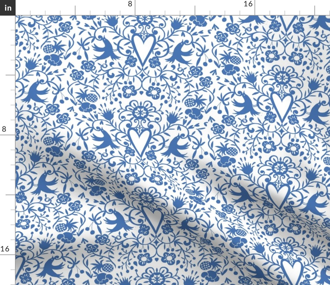 cherry bird lace  blue on white