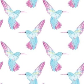 Watercolor Hummingbirds / Cute Birds in Pink, Blue, White, Yellow 