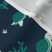 Little under water world baby turtles ocean animals kids design navy blue green boys