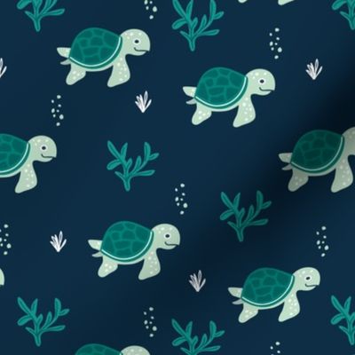 Little under water world baby turtles ocean animals kids design navy blue green boys