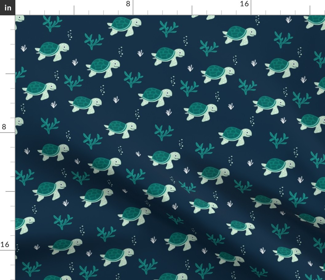 Little under water world baby turtles ocean animals kids design navy blue green boys