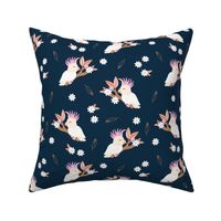 Little cockatoo jungle summer branch and flowers garden summer kids navy pink girls