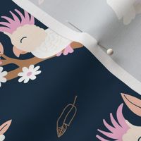 Little cockatoo jungle summer branch and flowers garden summer kids navy pink girls