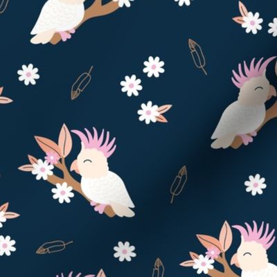 Little cockatoo jungle summer branch and flowers garden summer kids navy pink girls