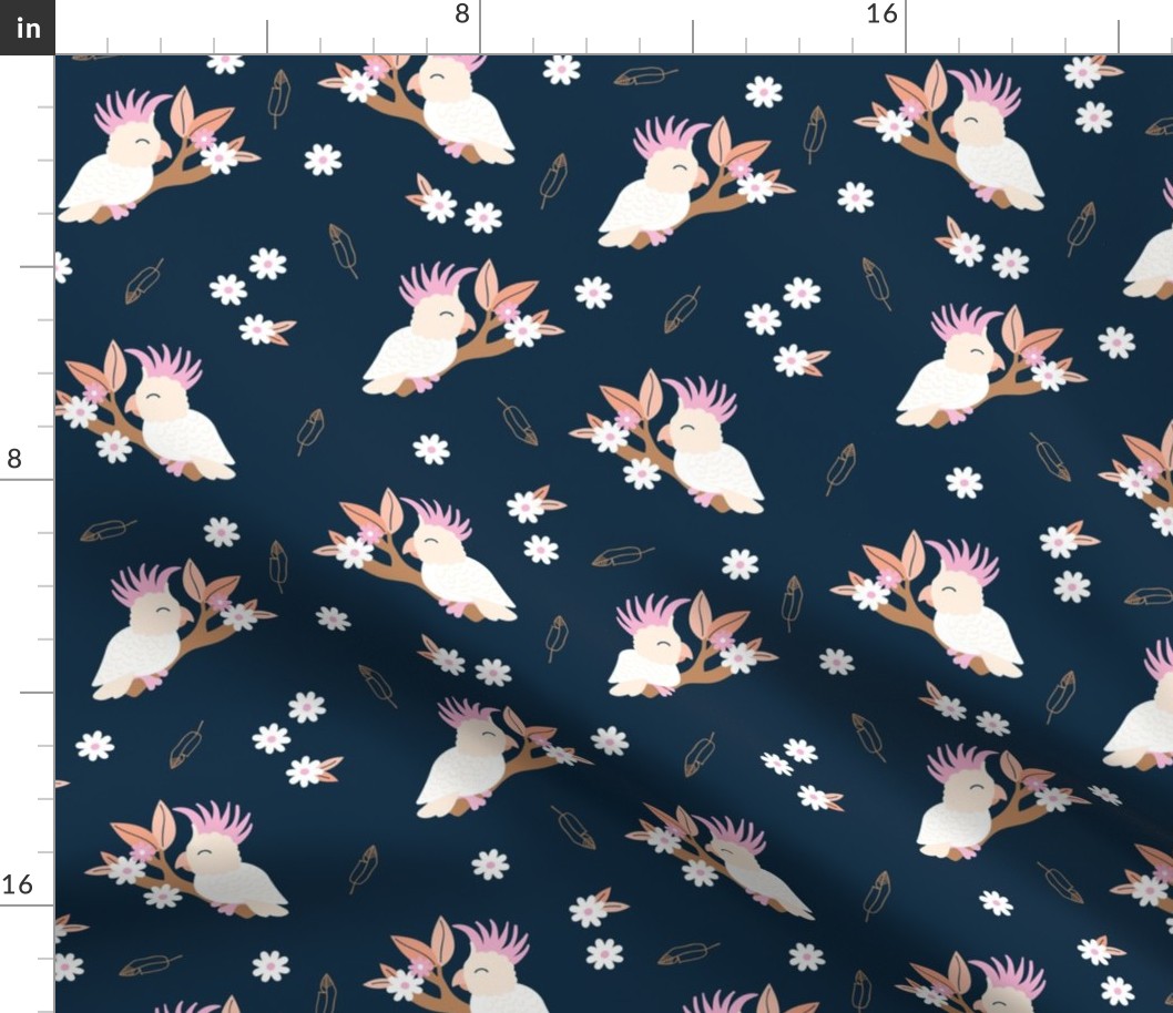 Little cockatoo jungle summer branch and flowers garden summer kids navy pink girls