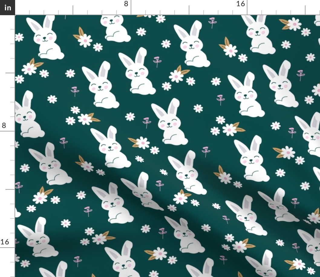 Little kawaii bunny garden sweet rabbit lovers blossom and hare design kids night green pink ochre
