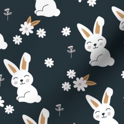 Little kawaii bunny garden sweet rabbit lovers blossom and hare design kids night blue ochre neutral