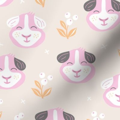 Little kawaii guinea pig garden flowers and kids animals colorful summer print soft beige pink girls