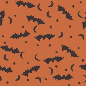 bats fabric - halloween bats moon and stars design - pumpkin orange sfx1260