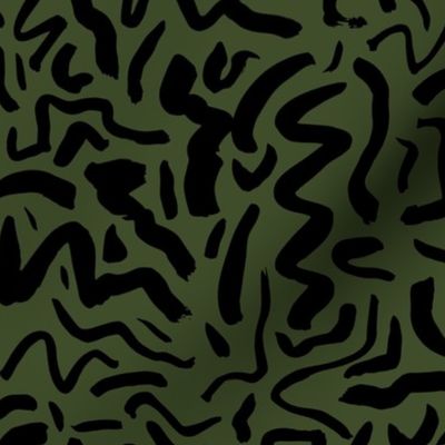 Messy ink dashed and brush strokes abstract paint minimal trend design boho style nursery camo forest green black
