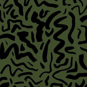 Messy ink dashed and brush strokes abstract paint minimal trend design boho style nursery camo forest green black