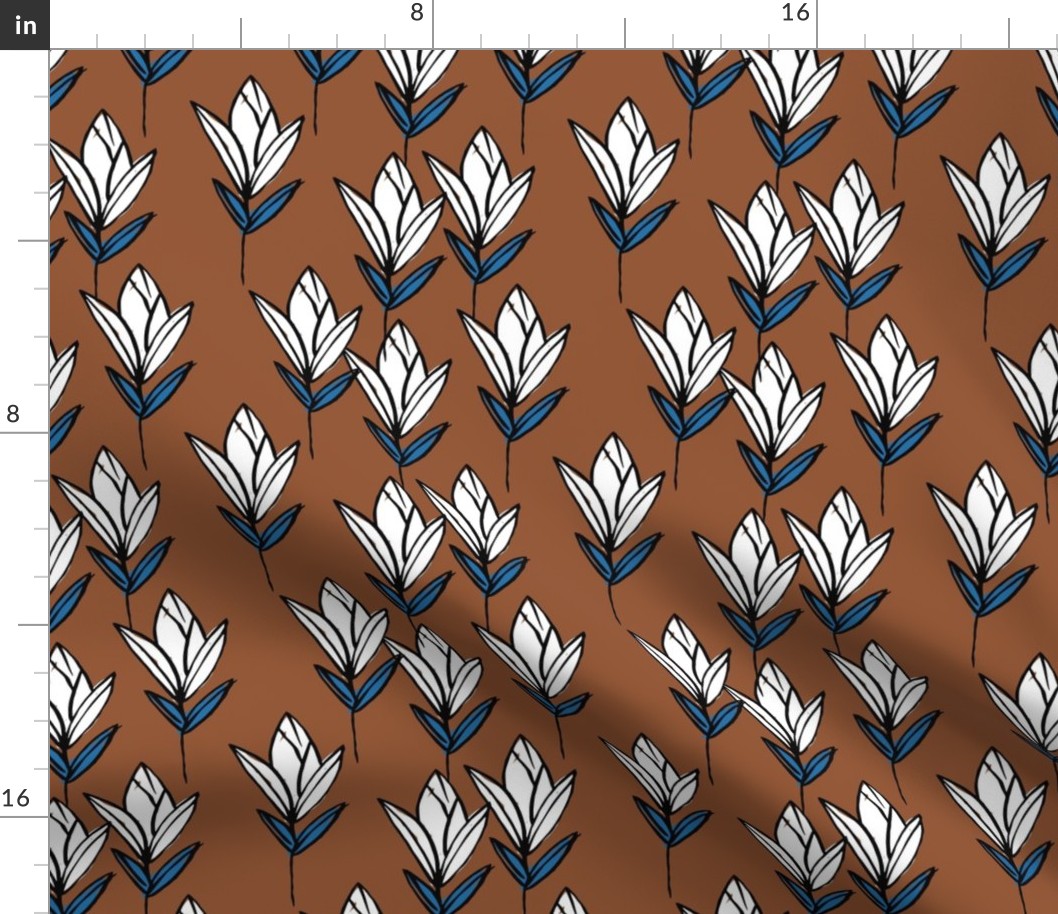 Inky texture tulip flower and leaves abstract garden botanical boho design neutral earthy nursery rust copper blue white