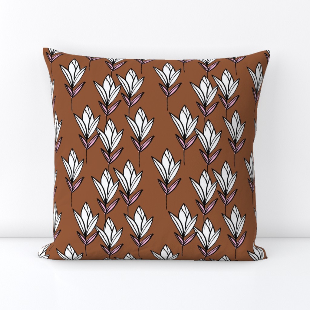 Inky texture tulip flower and leaves abstract garden botanical boho design neutral earthy nursery rust copper pink white black