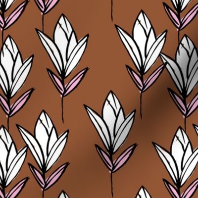 Inky texture tulip flower and leaves abstract garden botanical boho design neutral earthy nursery rust copper pink white black