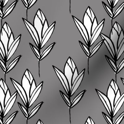 Inky texture tulip flower and leaves abstract garden botanical boho design neutral earthy nursery gray black and white