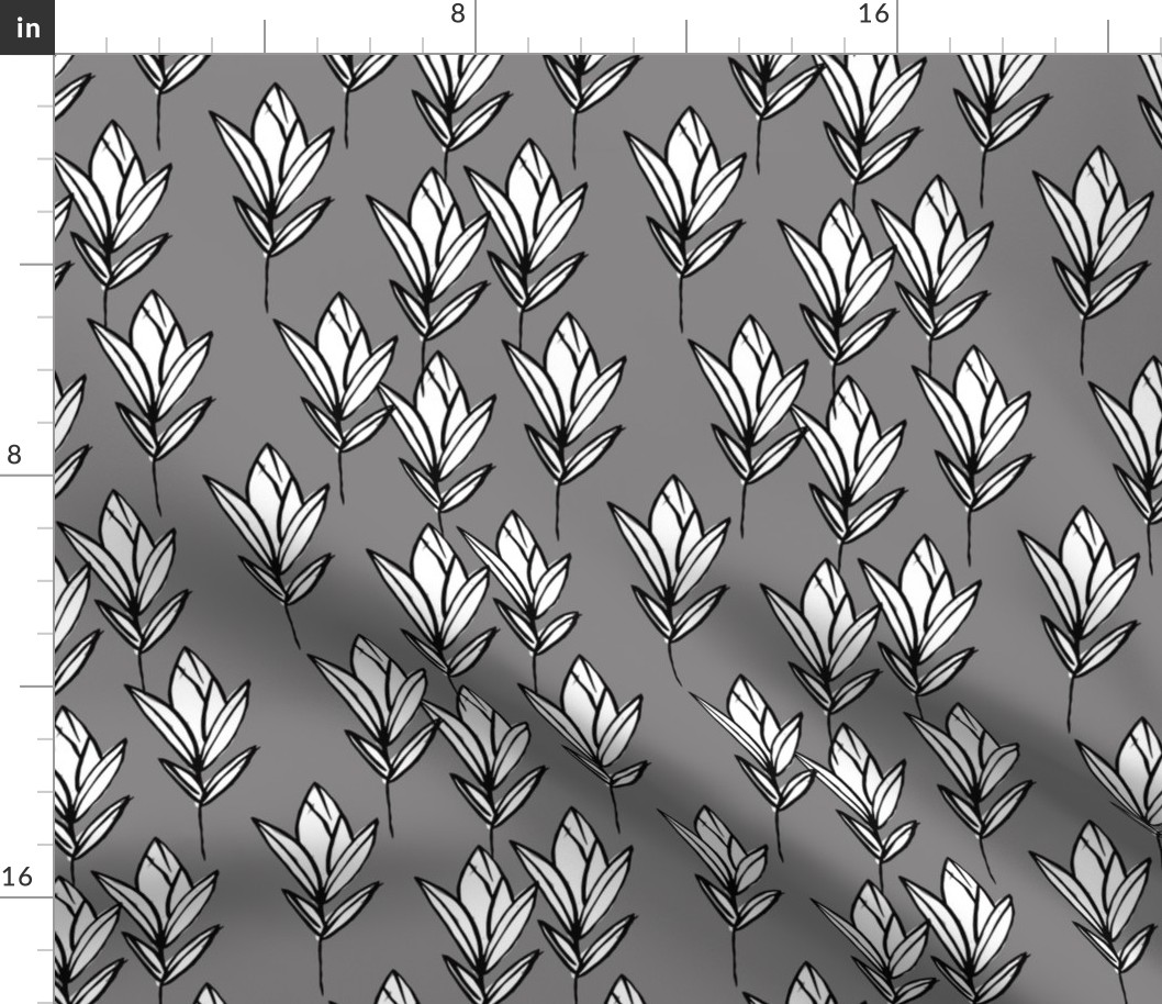 Inky texture tulip flower and leaves abstract garden botanical boho design neutral earthy nursery gray black and white