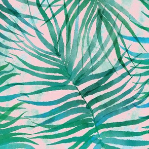 Emerald Watercolor Palms (pastel pink) 18”