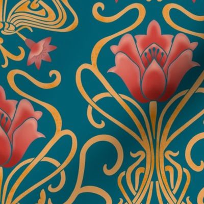Normal scale • Floral Victorian Lotus - Art Nouveau flowers blue