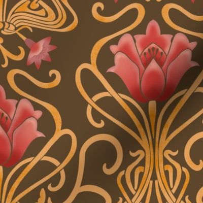 Normal scale • Floral Victorian Lotus - Art Nouveau flowers brown 