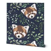 red panda with greenery on navy background