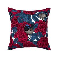 Red waratah and fairy wrens on black, small size