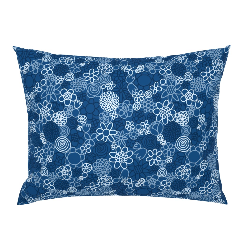 Abstract flower doodles blue toned pattern