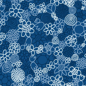 Abstract flower doodles blue toned pattern